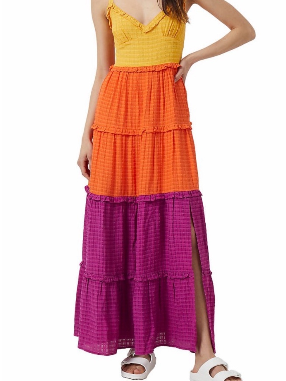 French Connection Yellow, Orange & Magenta Tiered Maxi Skirt with Side Slit